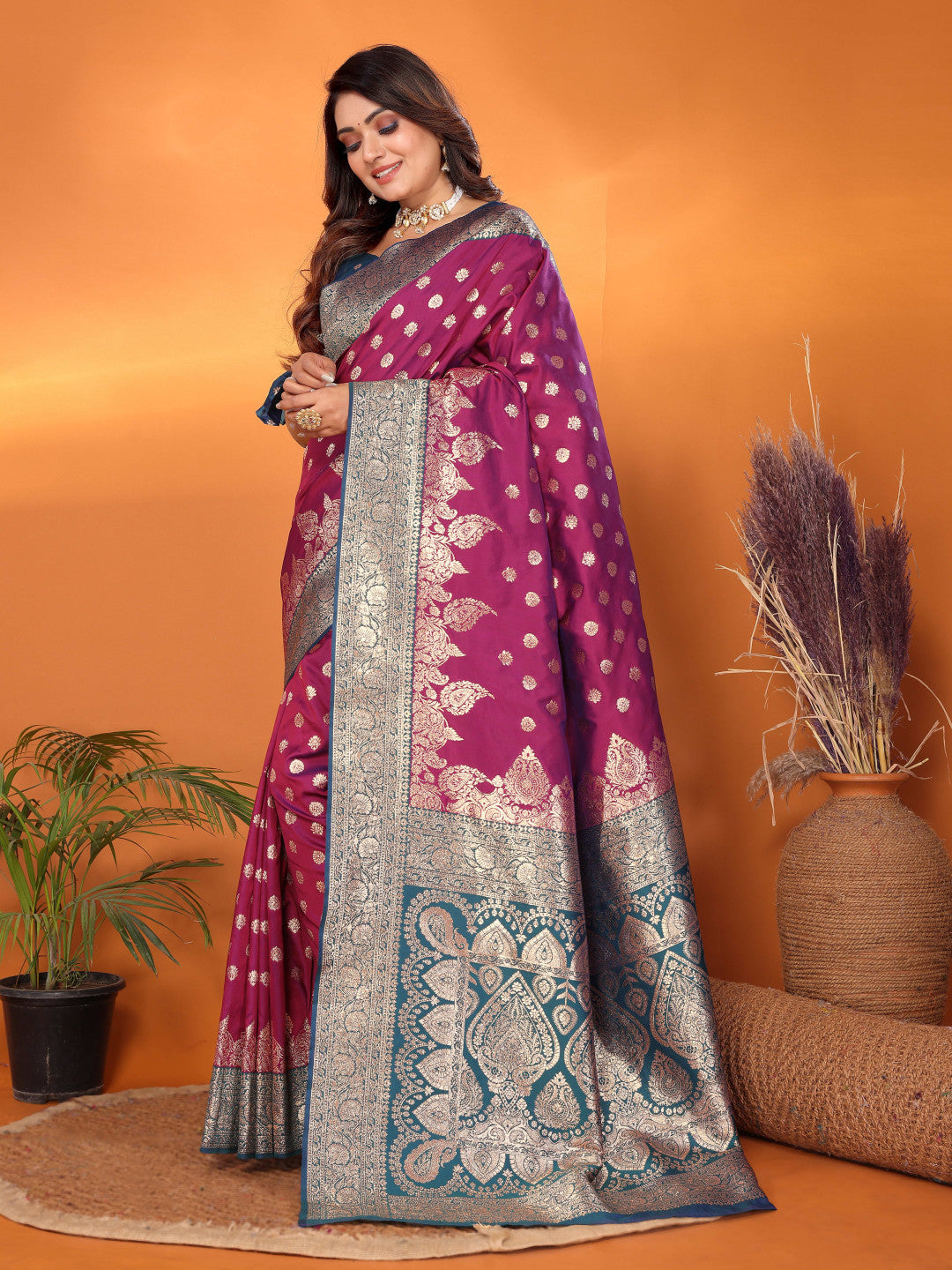 Wine Traditional Banarasi Silk Saree With Zari Weaving Work