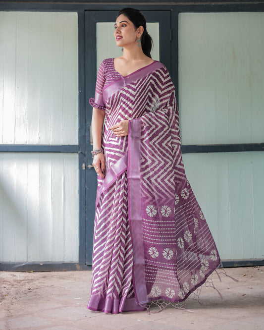 Magenta Soft Linen Cotton Saree With Digital Printed Work