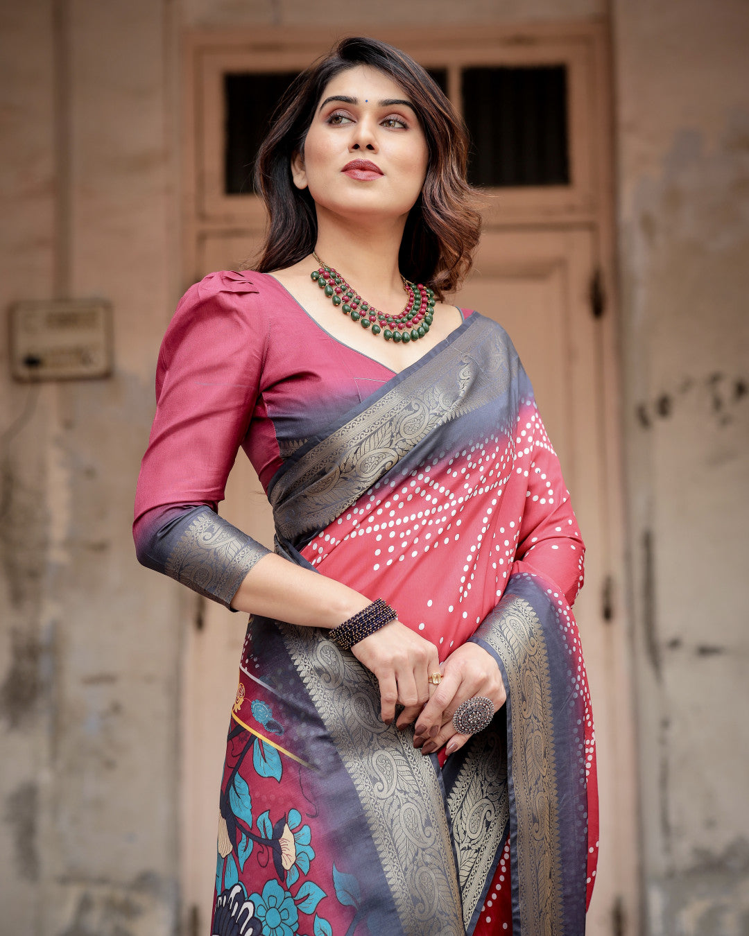 Pink Kalamkari Digital Printed Dola Silk Saree With Gold Zari Border