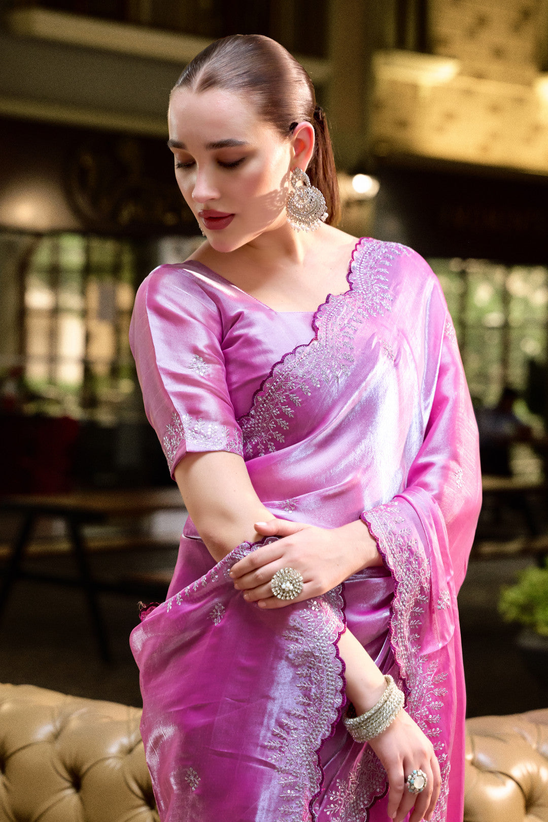 Light Pink Fancy Shimmer Chiffon Saree With Embroidery Work
