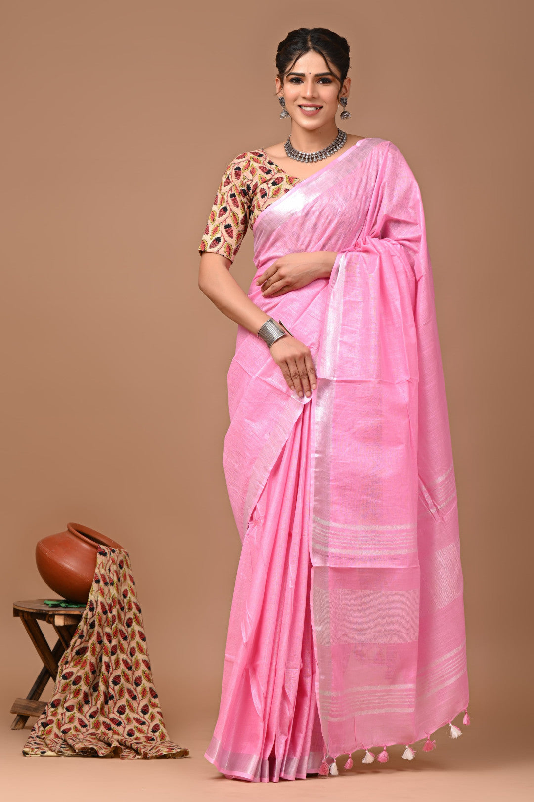 Baby Pink Colour Pure Plain Linen Cotton Saree With Ajrakh Blockprinted Cotton Blouse