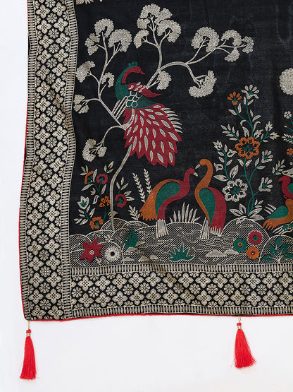 Black Cotton Saree With Table Printed And Foil Work With Pipeing Border