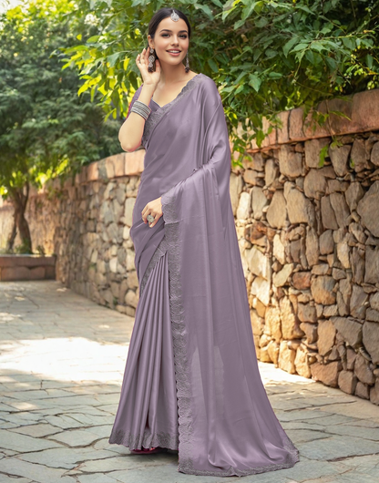 Party Wear Lavender Satin Silk Fancy Saree With Siroski Work