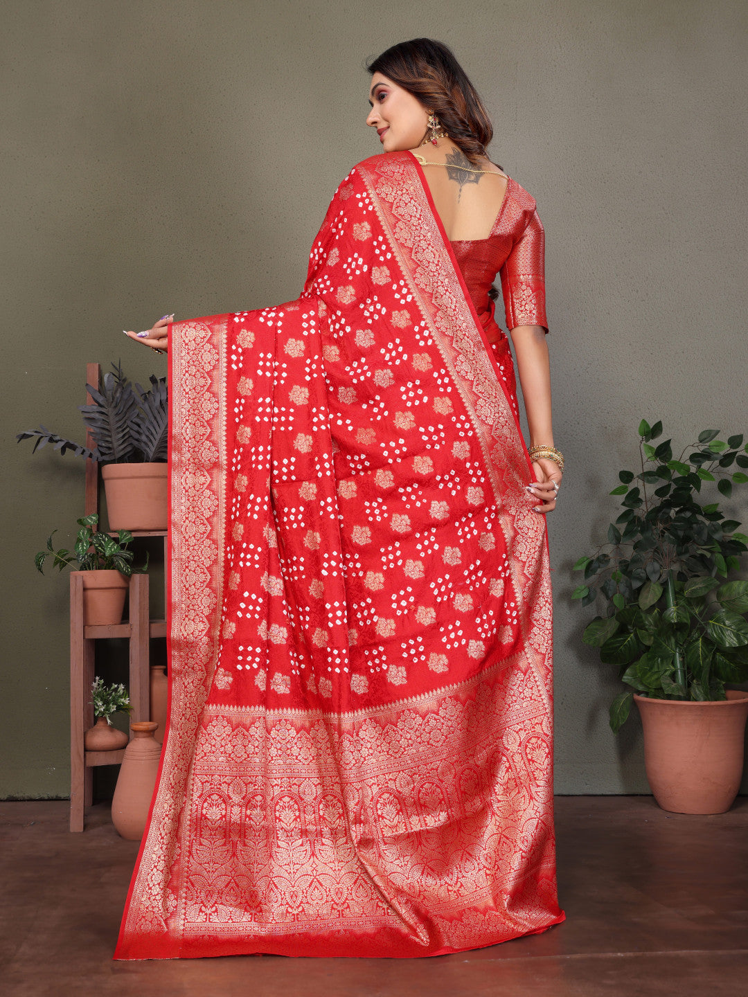 Red Premium Bandhej Silk Saree With Zari Weaving Work