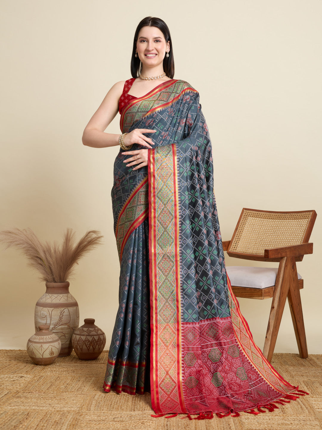 Gray Traditional Patola Silk Saree With Weaving Work