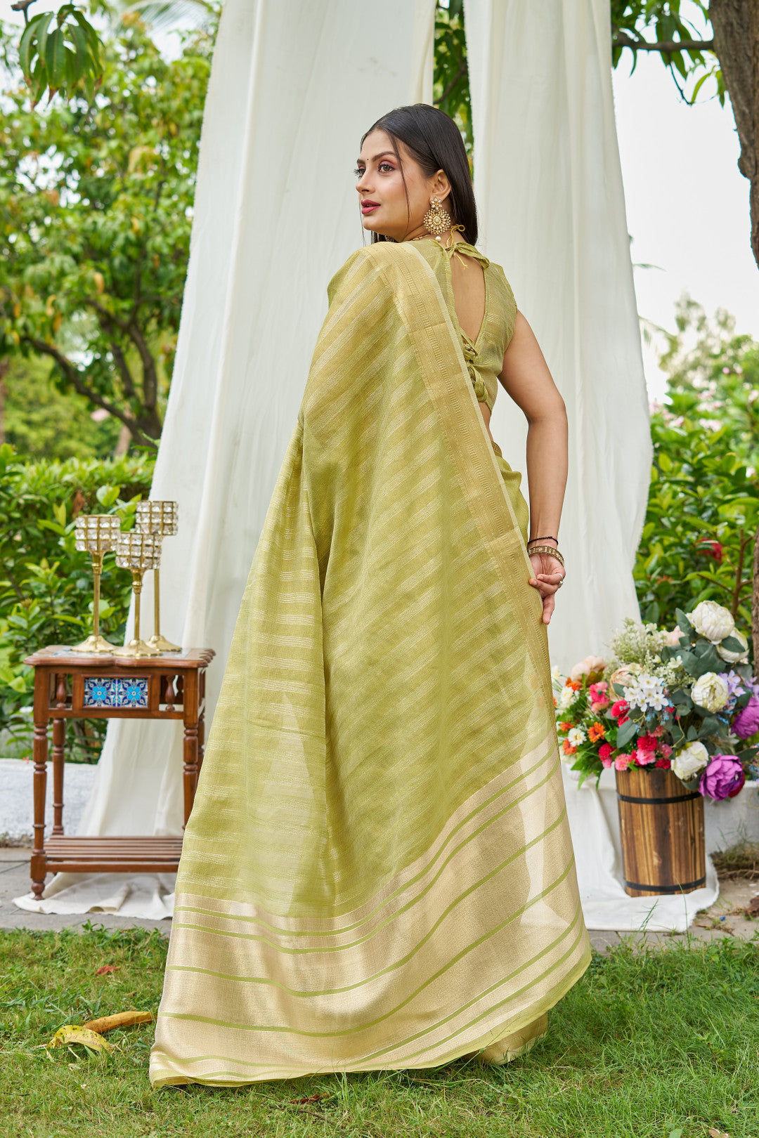 Pista Green Colour Linen Cotton Saree With Zari Weaving Border