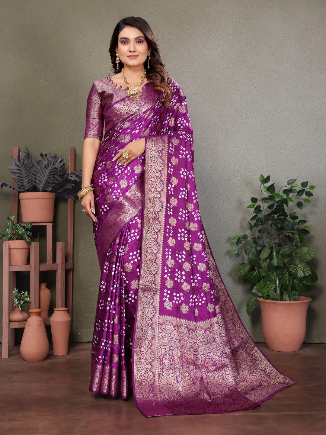 Magenta Premium Bandhej Silk Saree With Zari Weaving Work
