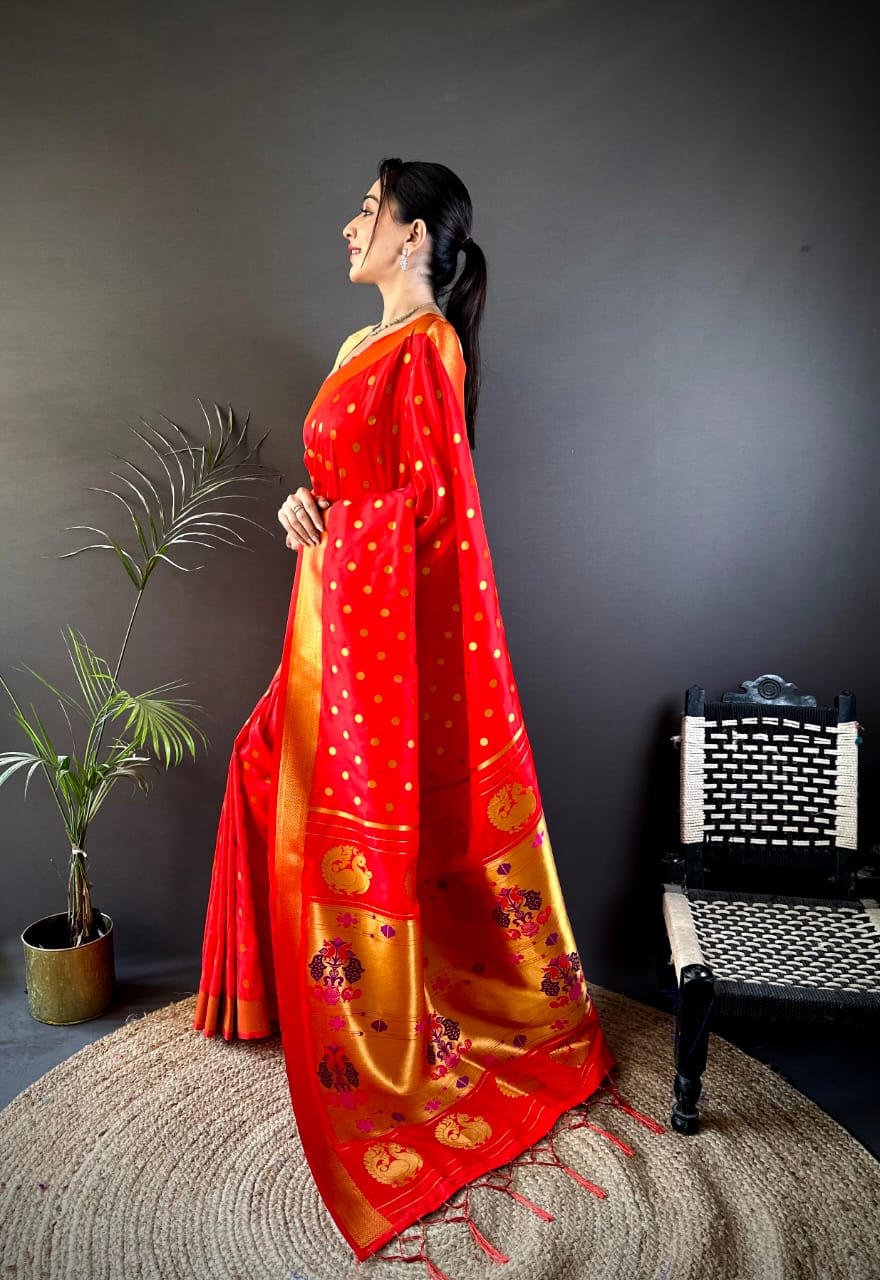 Red Traditional Paithani Silk Saree With Zari Weaving Work