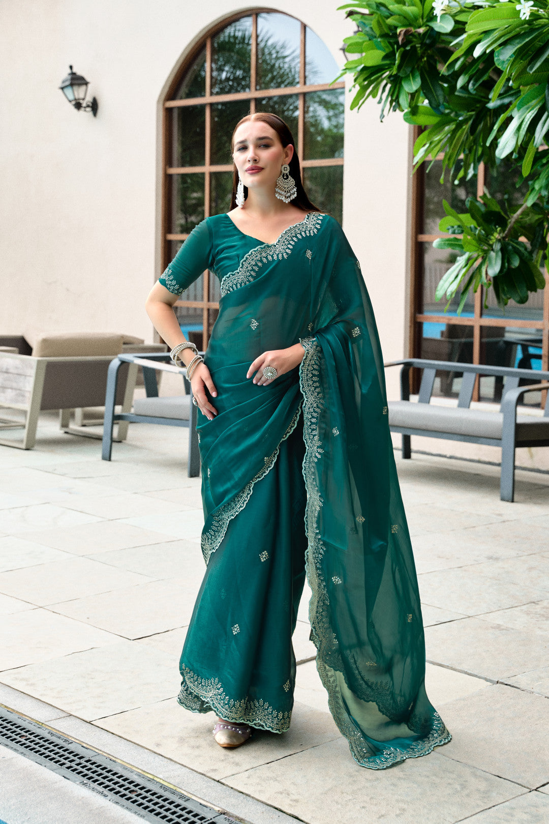 Dark Green Fancy Shimmer Chiffon Saree With Embroidery Work