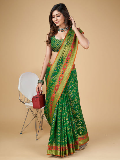 Green Color Patola Silk Saree With Zari Weaving Work