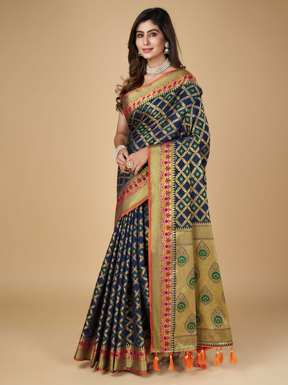 Navy Blue Color Patola Silk Saree With Zari Weaving Work