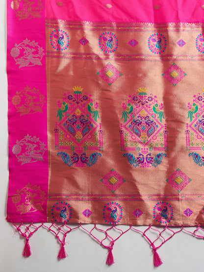Rani Pink Kanjivaram Silk Saree With Zari Weaving Butta Border & Designer Rich Paithani Pallu