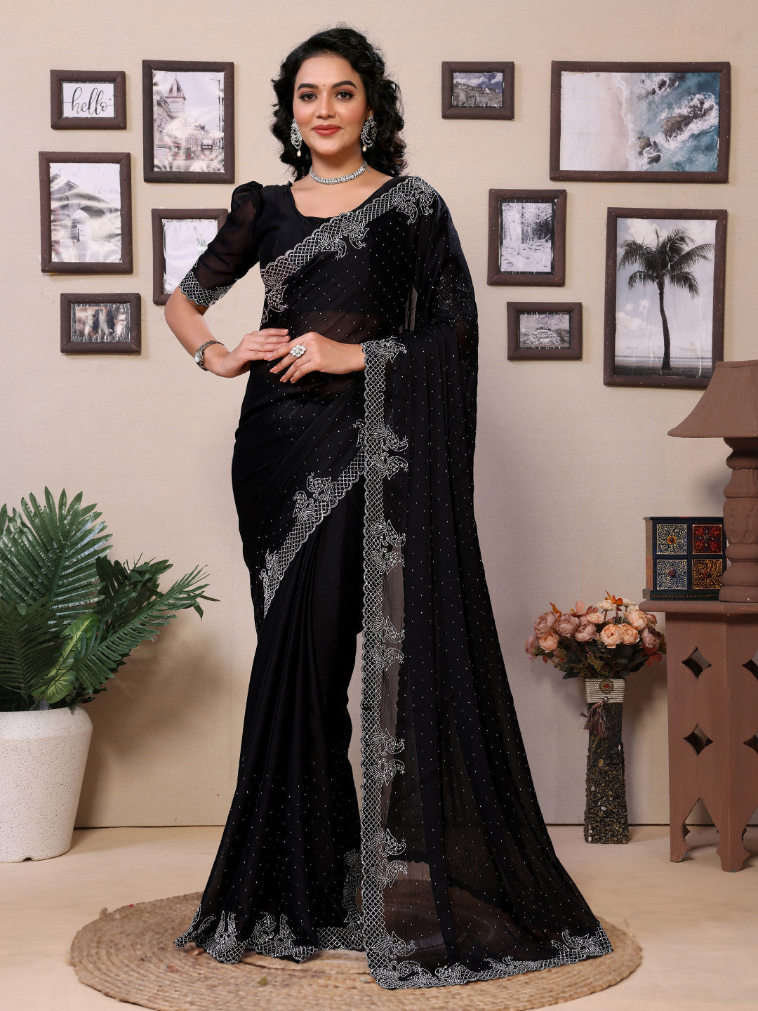 Fancy Black Rangoli Silk Saree With Diamond Work