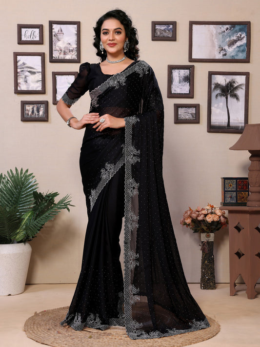 Fancy Black Rangoli Silk Saree With Diamond Work