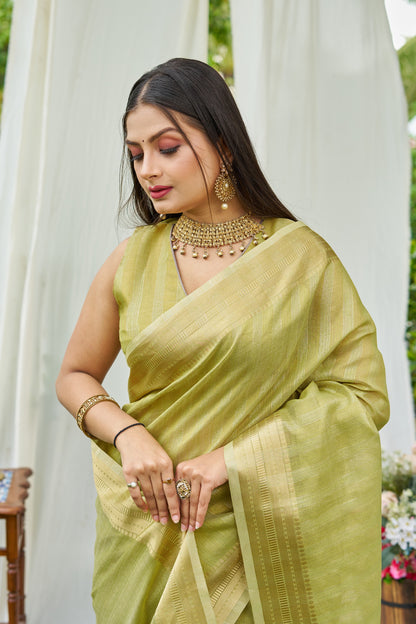 Pista Green Colour Linen Cotton Saree With Zari Weaving Border