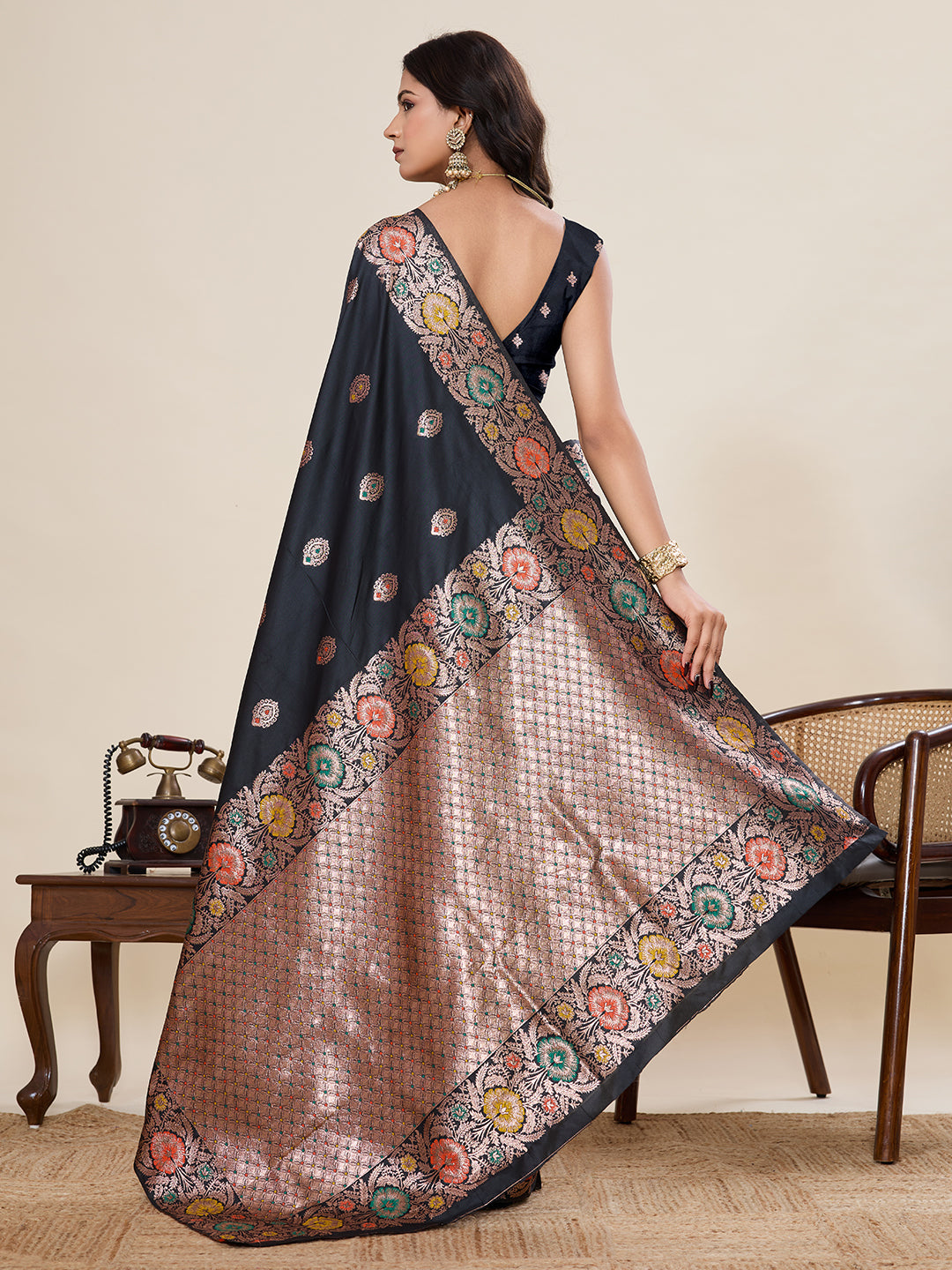 Traditional Black Color Jacquard Silk Saree With Zari Work