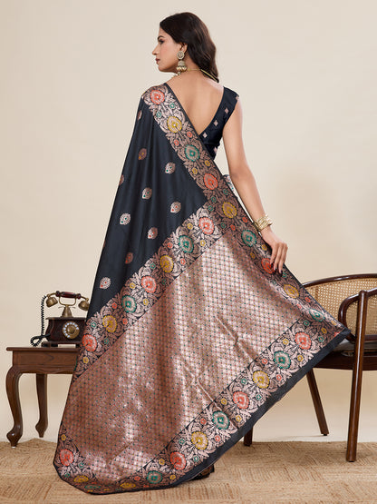 Traditional Black Color Jacquard Silk Saree With Zari Work