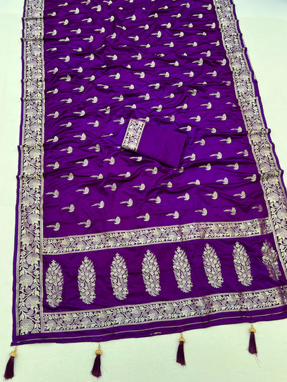 Purple Color Soft Viscose Satin Silk Saree With Zari Weaving Work