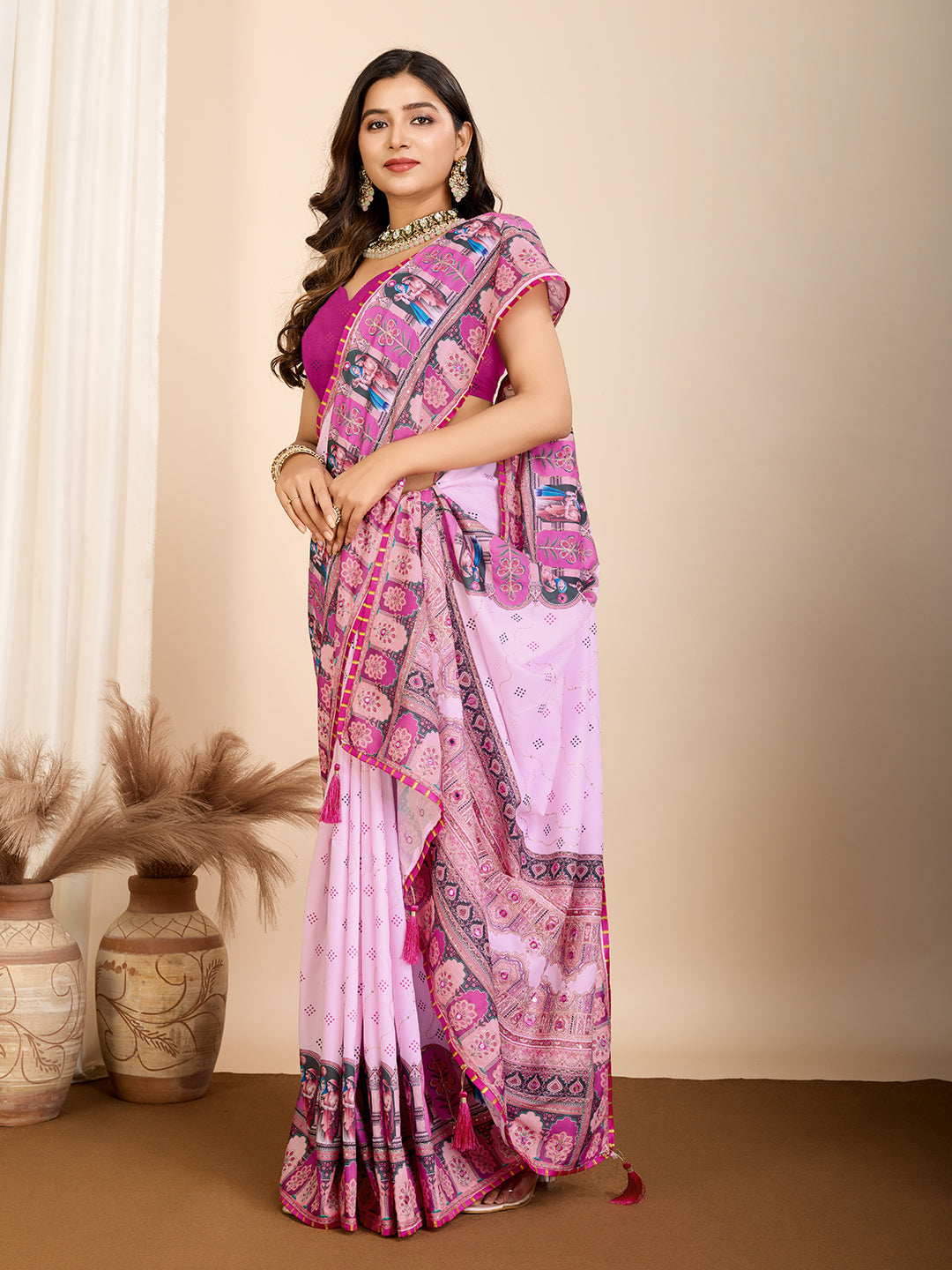 Pink Fancy Muslin Cotton Saree With Digital Printed Work