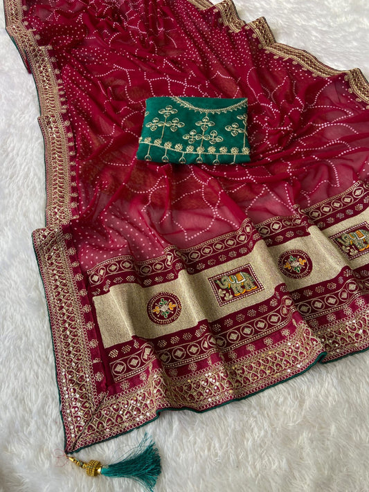 Pink Vichitra Silk Saree With Khadi Bandhej Heavy Pallu With Hotpcs C Pallu Work