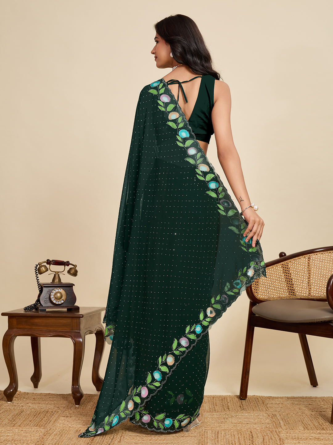Green Color Georgette Saree With Brush Print And Siroski Work