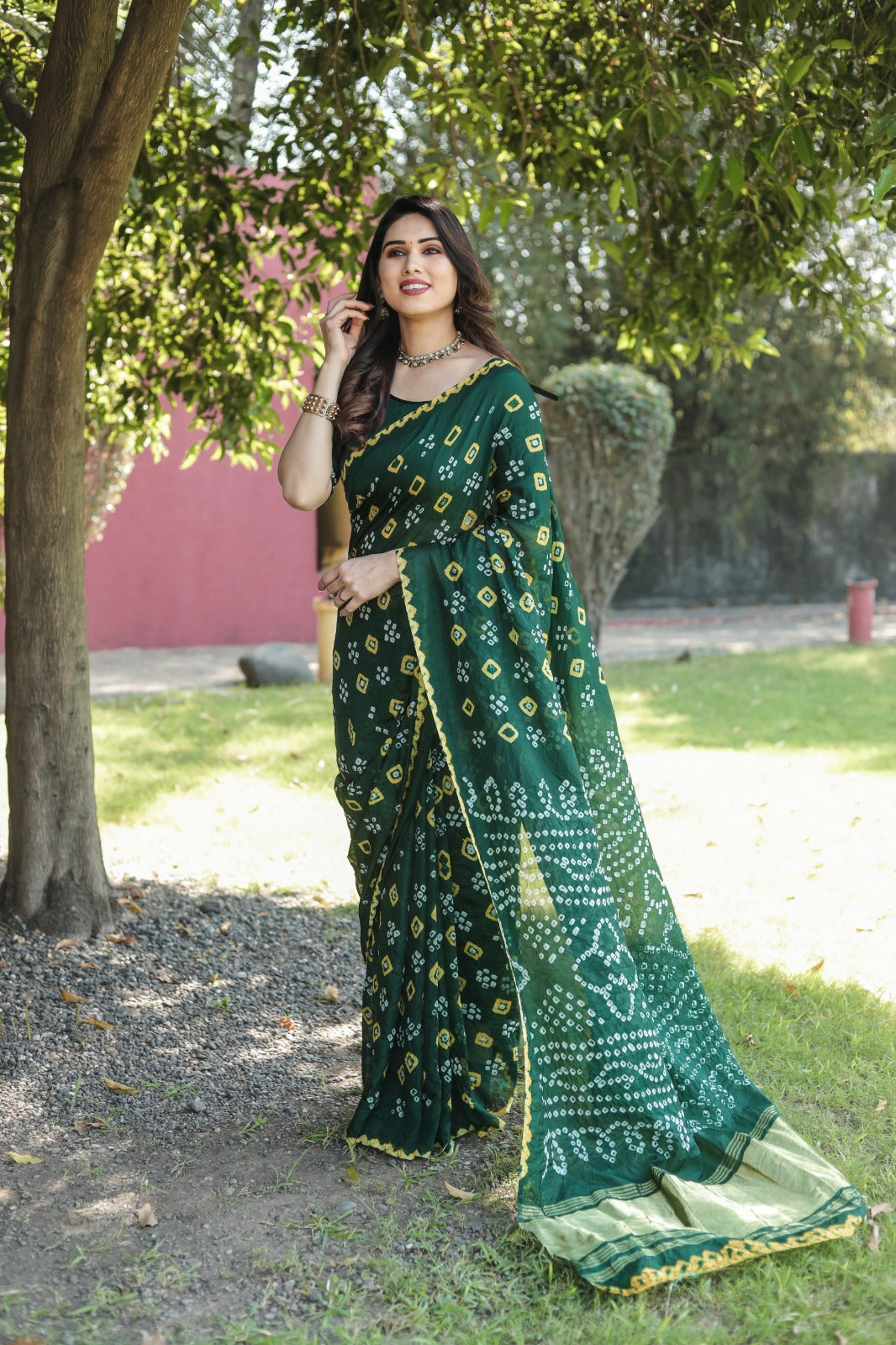 Green Color Bandhej Silk Saree With Printed Work