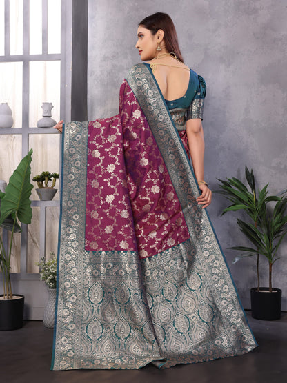 Wine Premium Banarasi Silk Saree With Zari Weaving Work