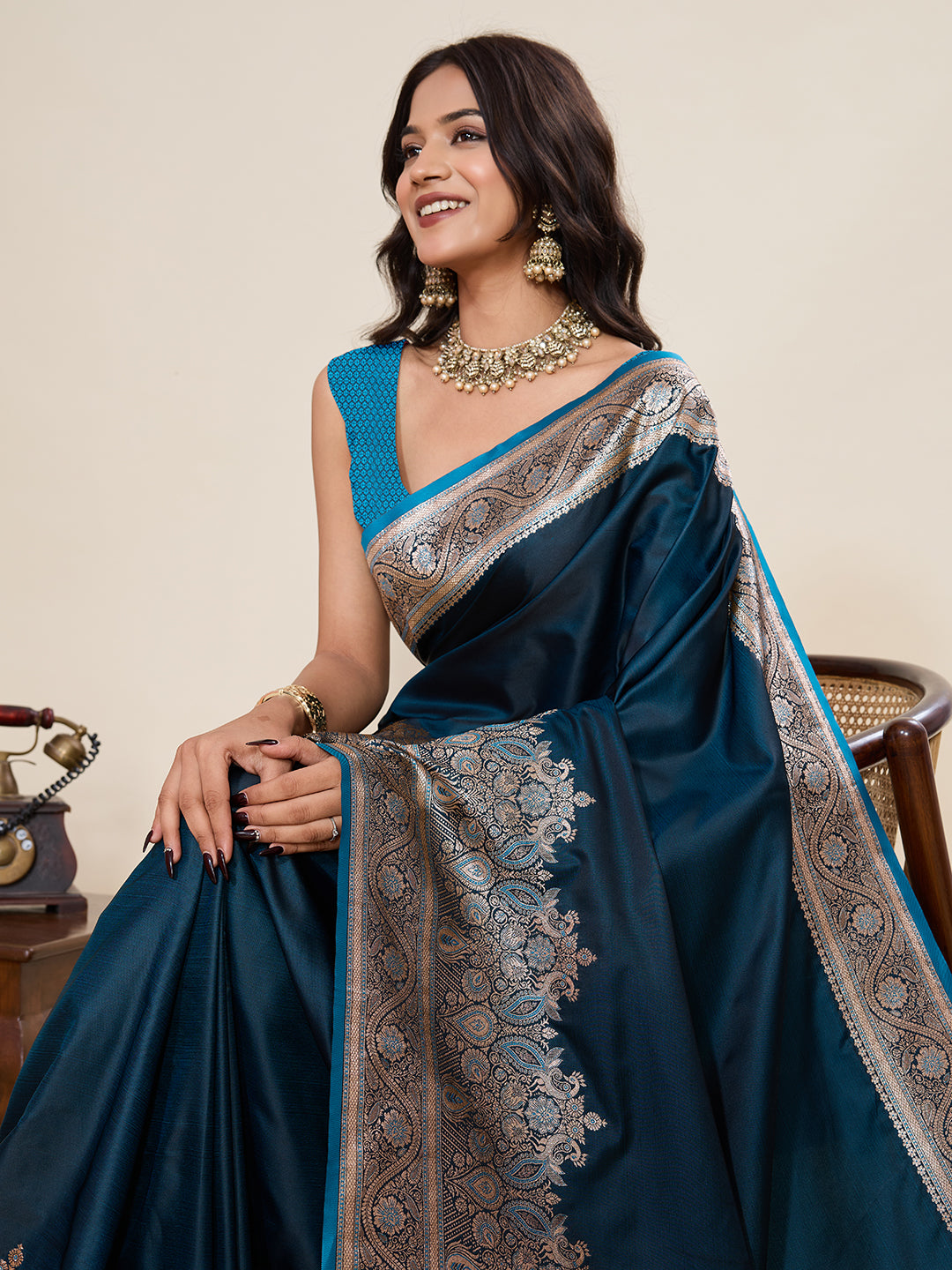 Firoji Soft Satin Silk Saree With Gala Border And Zari Weaving Work
