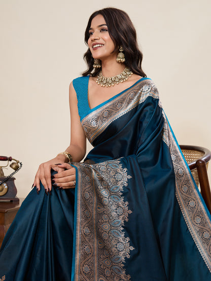 Firoji Soft Satin Silk Saree With Gala Border And Zari Weaving Work