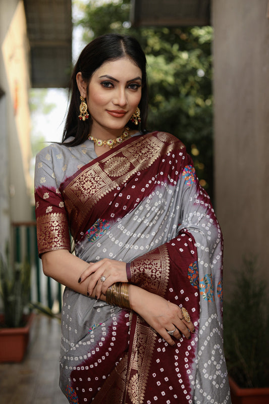 Multi Color Soft Bandhej Silk Saree With Zari Weaving Work