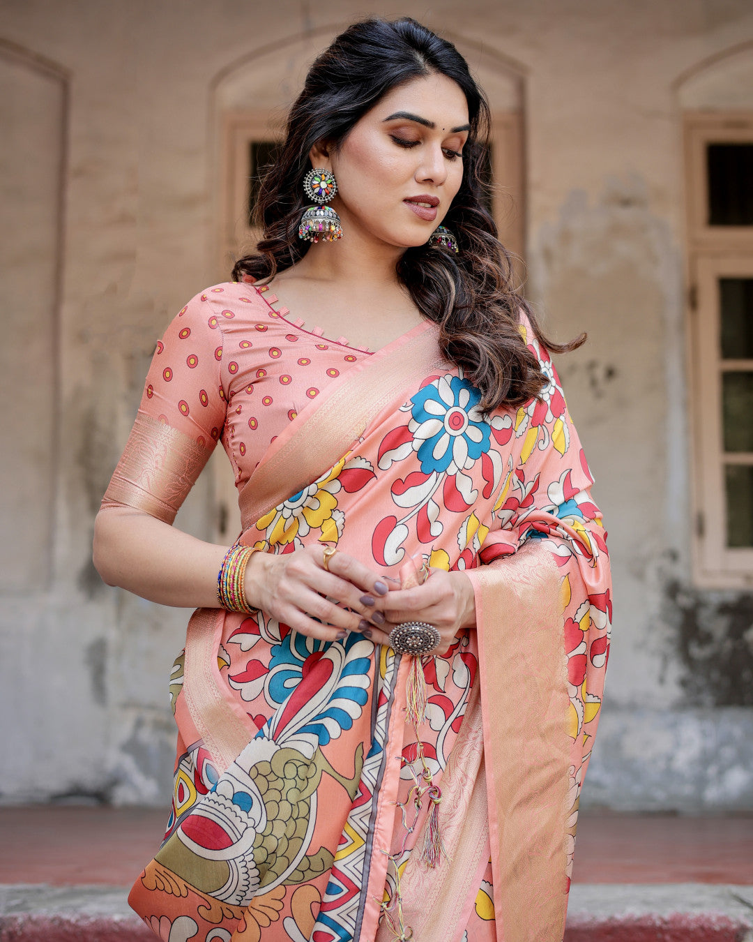Peach Kalamakari Digital Printed Tussar Silk Saree With Zari Motif Border