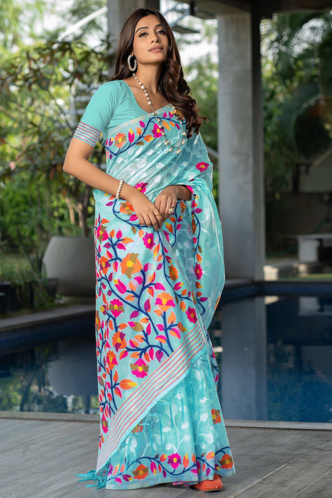 Sky Blue Color Soft Jamdani Cotton Saree With Woven Design