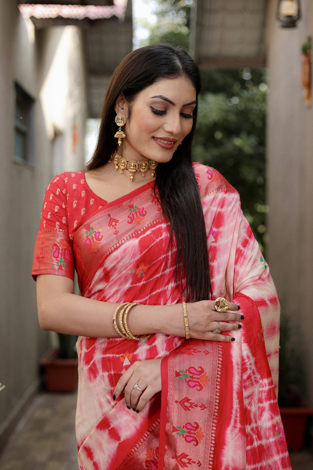 Red Color Dola Silk Saree With Shibori Print & Zari Weaving Work