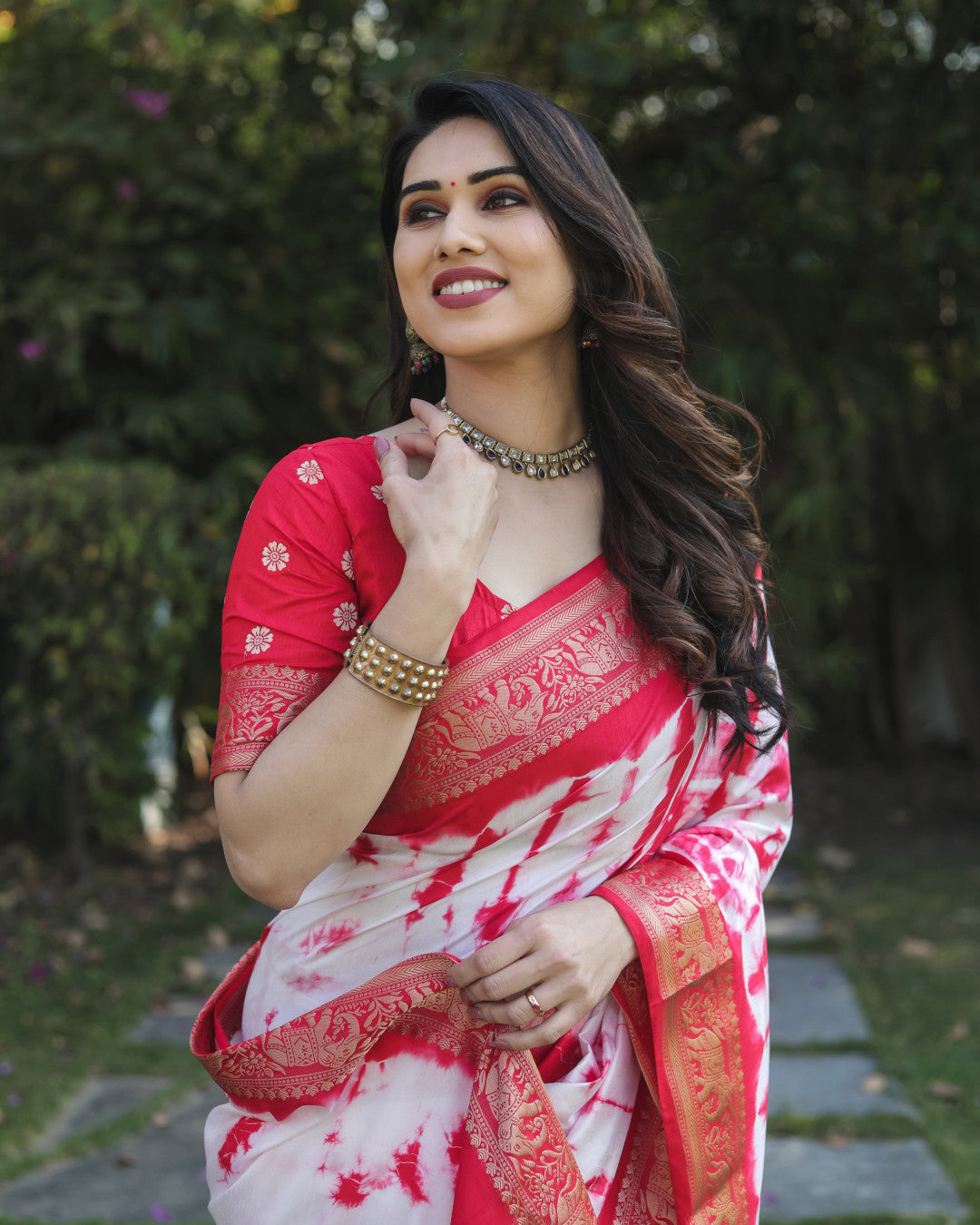 Red Color Dola Silk Saree With Shibori Printed Work