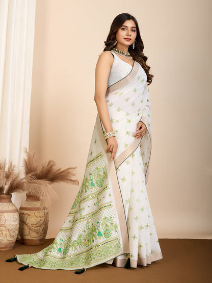 White Soft Cotton Saree With Printed Work