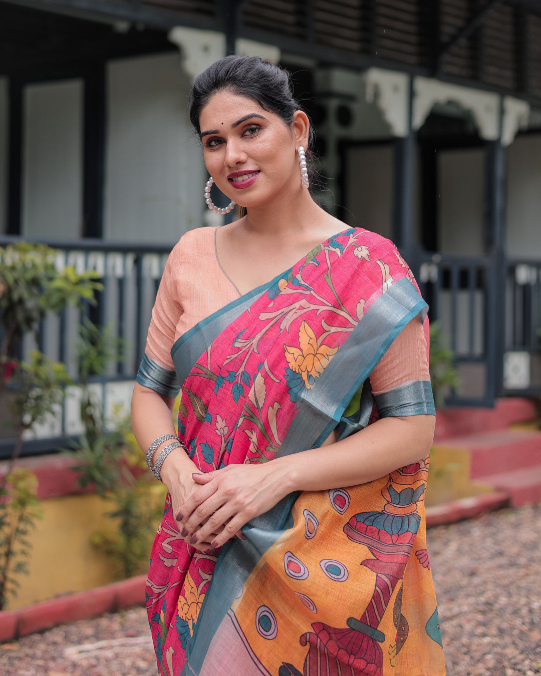Pink Soft Linen Cotton Saree With Kalamkari Digital Printed Work