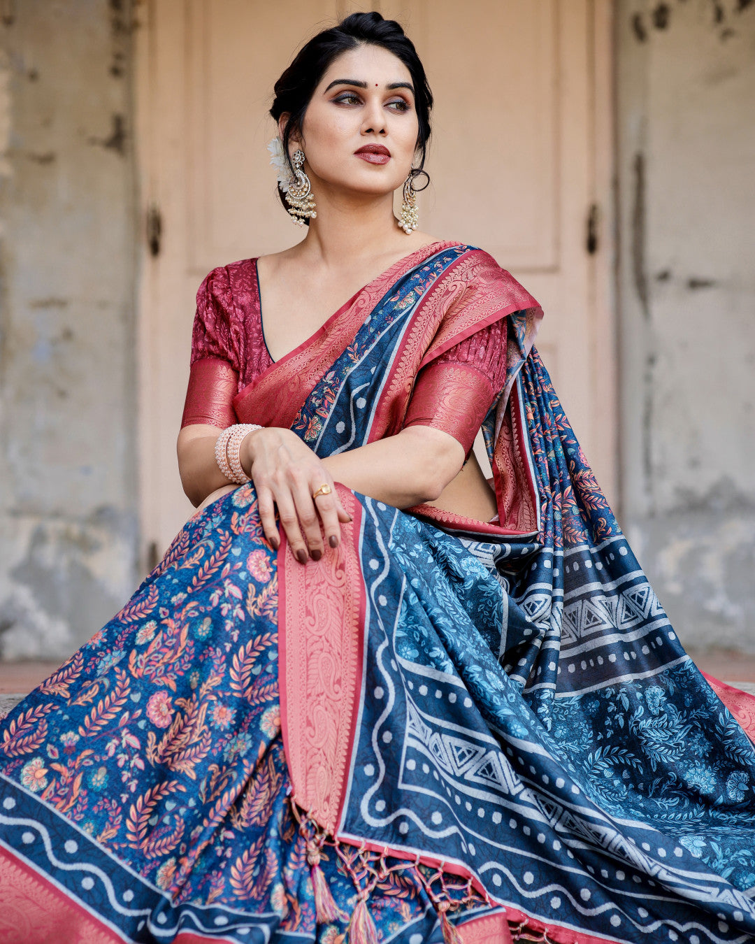 Navy Blue Digital Kalamkari Printed Tussar Silk Saree With Zari Motif Border
