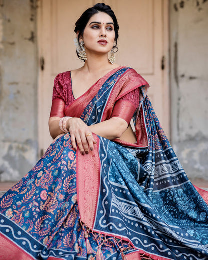 Navy Blue Digital Kalamkari Printed Tussar Silk Saree With Zari Motif Border
