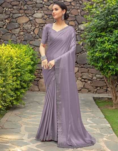 Party Wear Lavender Satin Silk Fancy Saree With Siroski Work