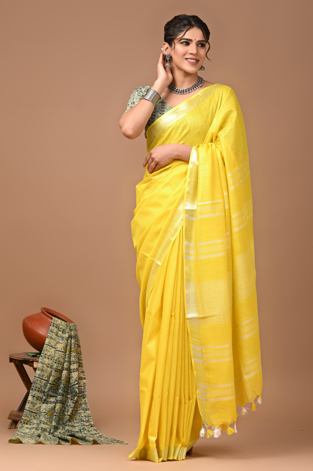 Yellow Colour Pure Plain Linen Cotton Saree With Ajrakh Blockprinted Cotton Blouse