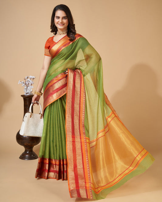 Mahendi Green Color Kota Doriya Saree With Zari Weaving Work