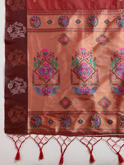 Maroon Kanjivaram Silk Saree With Zari Weaving Butta Border & Designer Rich Paithani Pallu