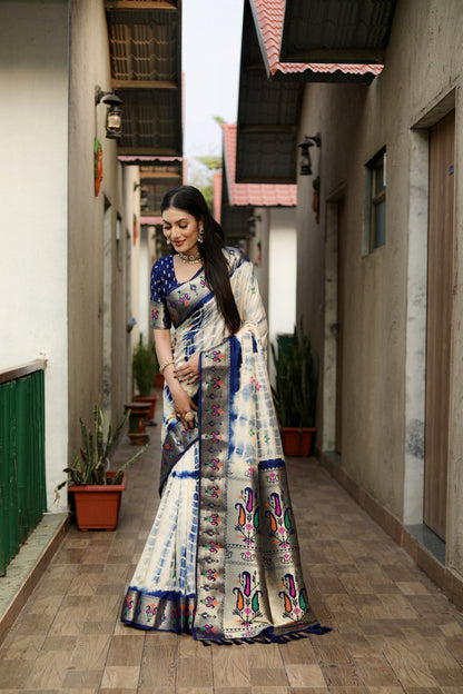 Navy Blue Color Dola Silk Saree With Shibori Print & Zari Weaving Work