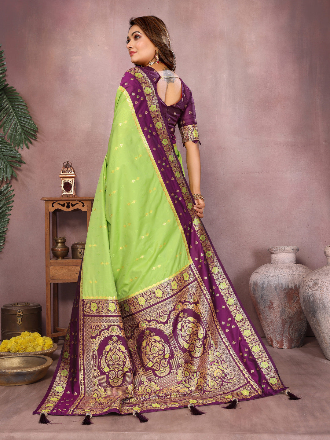 Parrot Green Traditional Banarasi Silk Saree With Zari Weaving Work