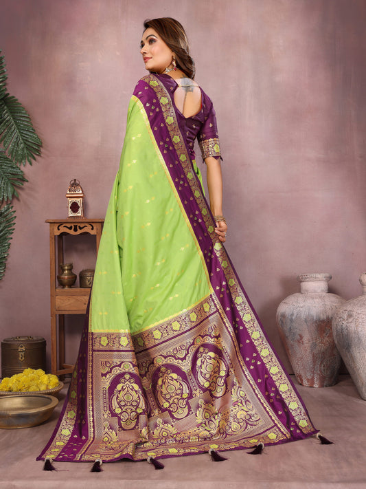 Parrot Green Traditional Banarasi Silk Saree With Zari Weaving Work