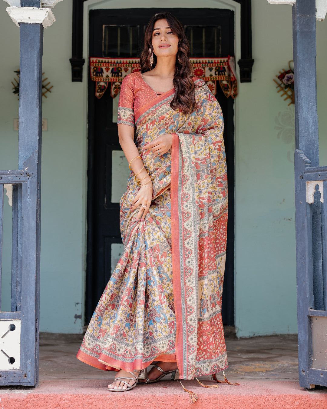 Kalamkari Digital Printed Linen Cotton Saree