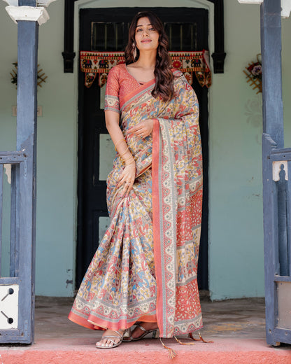 Kalamkari Digital Printed Linen Cotton Saree