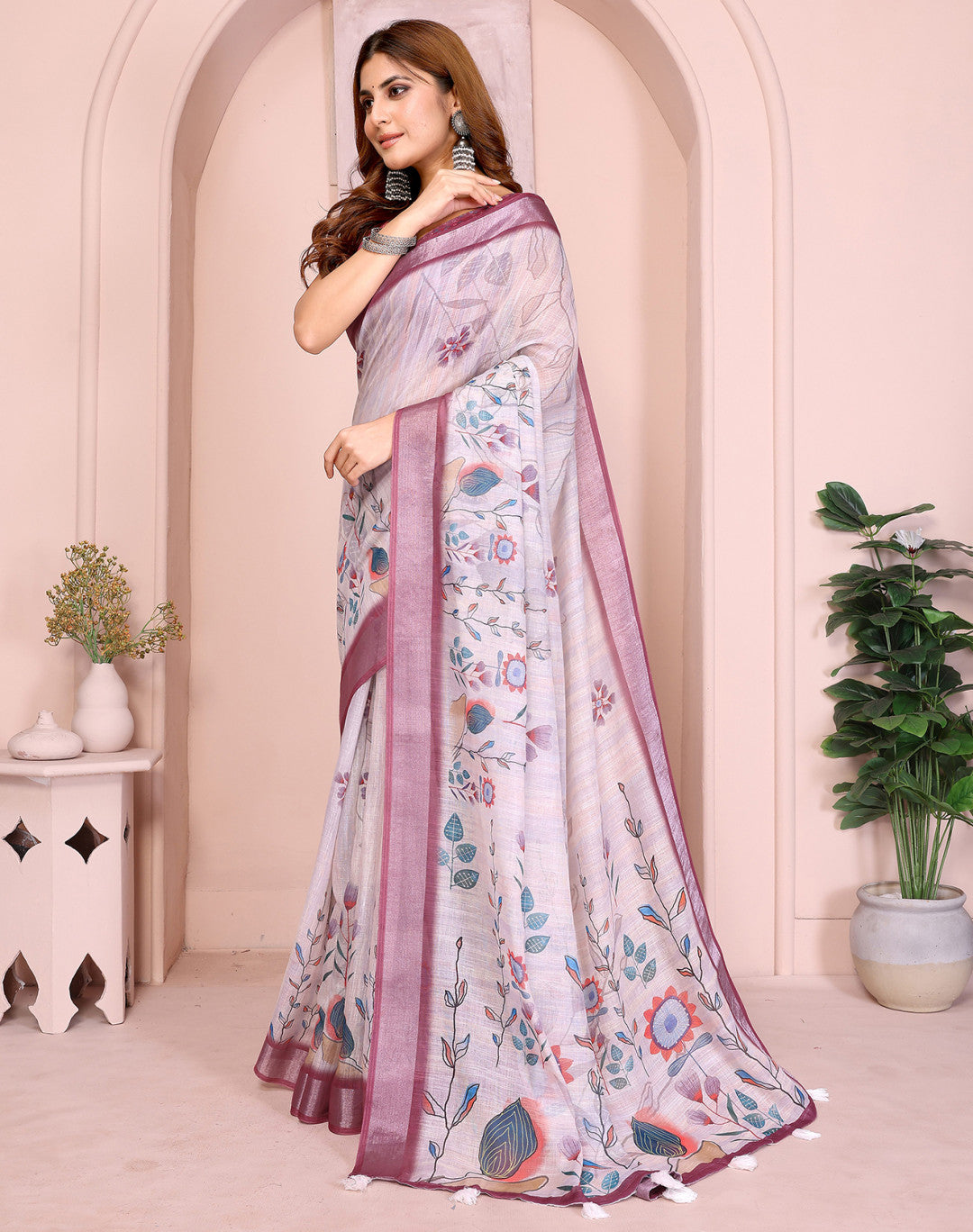 Lavender Linen Cotton Saree With Digital Printed Work And Silver Zari Border