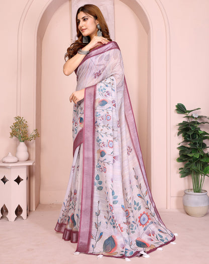 Lavender Linen Cotton Saree With Digital Printed Work And Silver Zari Border