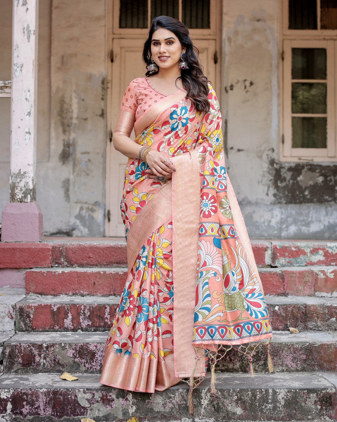 Peach Kalamakari Digital Printed Tussar Silk Saree With Zari Motif Border